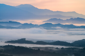 The sea of fog among the valleys and forests in the morning.
