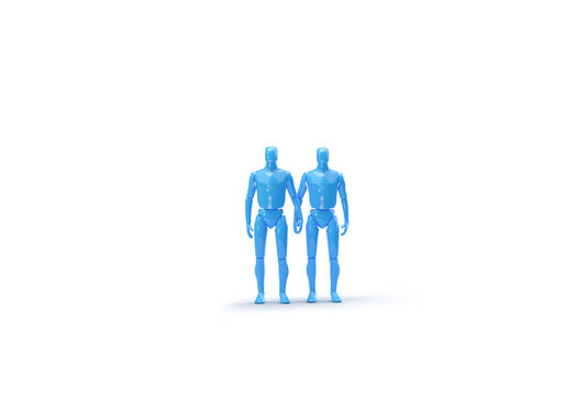 Blue robots, people holding hands. 3d render on the topic of LGBT, love, technology, technology. Modern minimal style, transparent background.