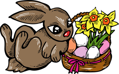 Easter bunny with basket, eggs, flowers, butterfly. Decorative vector design composition for poster print, greeting card, kids party invitation. Hand drawn illustration. Vintage cartoon style drawing.