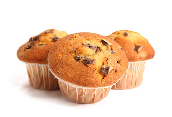 Delicious muffins with chocolate isolated on white background