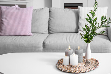 Burning candles and vase with plant branches on table in living room
