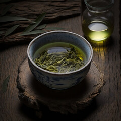 Chinese Longjing tea is brewing in the water cup