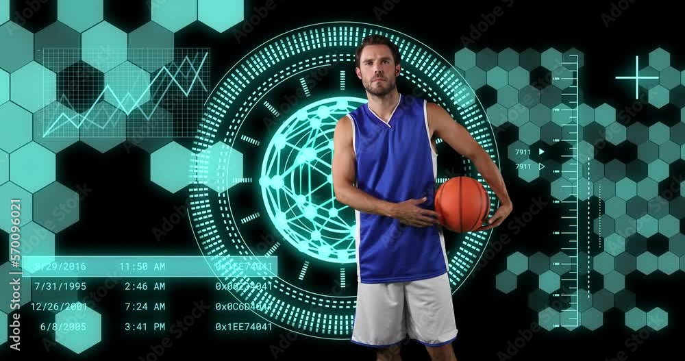 Aufkleber animation of scope scanning and data processing with shapes over caucasian man with basketball