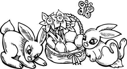 Easter bunny with basket, eggs, flowers, butterfly. Decorative vector design composition for poster print, greeting card, kids party invitation. Hand drawn illustration. Vintage cartoon style drawing.
