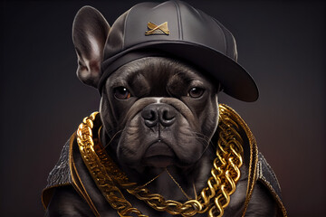 French bulldog dressed in human clothes, ai generated, puppy gangster rapper - obrazy, fototapety, plakaty