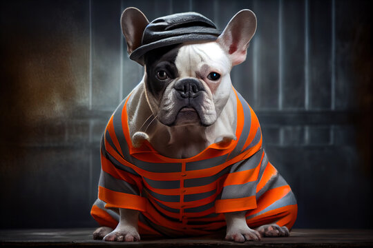 French bulldog dressed in human clothes, ai generated, puppy prisoner