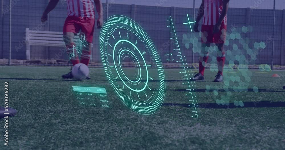 Poster animation of scope scanning and data processing over diverse men playing football