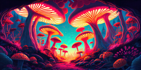 Psychedelic mushroom forest filled with hallucinogenic psilocybin mushrooms in a colorful blacklight-like look. Generative AI 