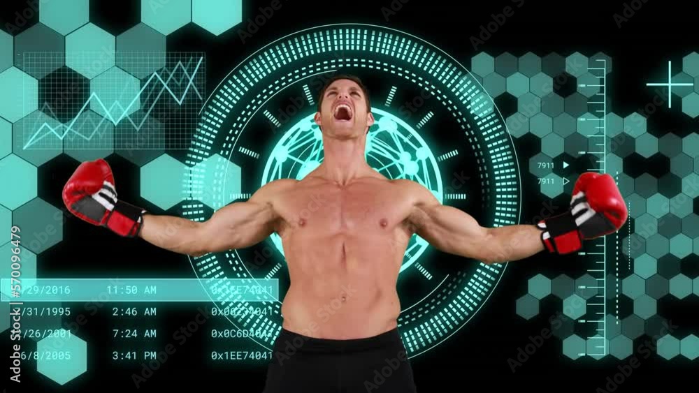 Poster animation of scope scanning and data processing over caucasian male boxer