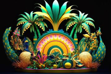 Brazilian carnival floats with beautiful samba themed sculptures and colorful embellishments.