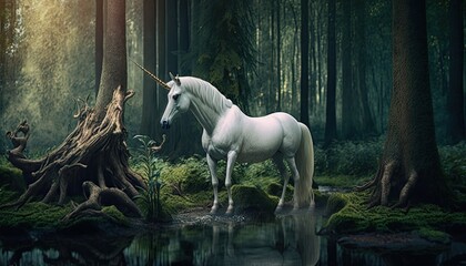 Obraz na płótnie Canvas Unicorn in a peaceful forest near water Generative AI