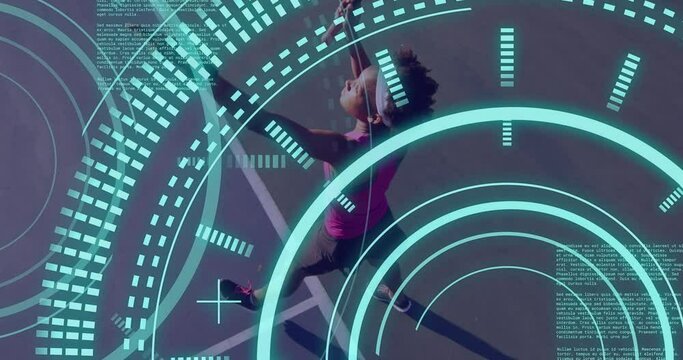 Animation of scope scanning and data processing over african american female tennis player - Powered by Adobe