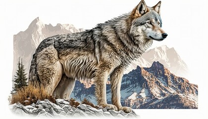Colorful Illustration, Wolf In Mountains, Generative AI