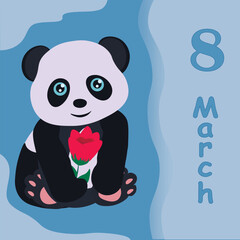 beautiful card with a panda on a blue background in honor of International Women's Day on March 8