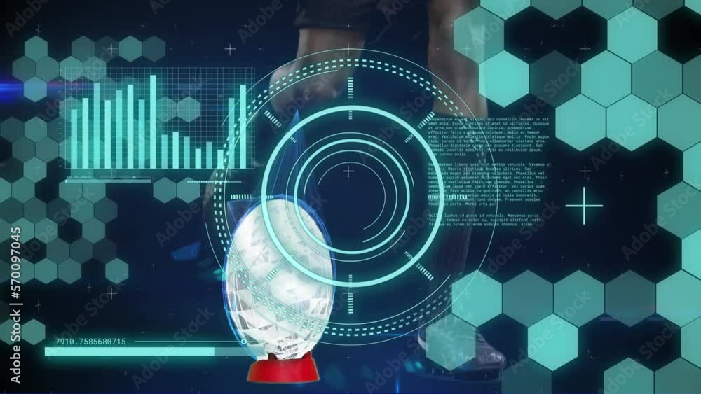 Poster animation of data processing and scope scanning over caucasian male rugby player