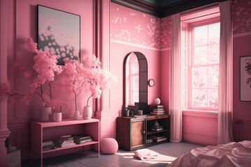 living room interior pink, using ai