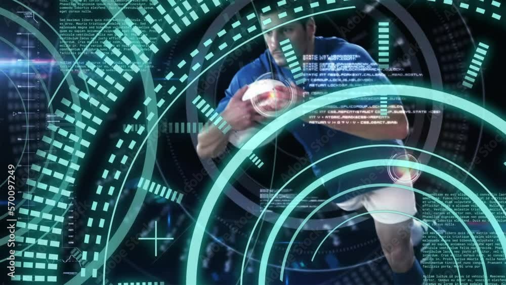 Poster animation of data processing and scope scanning over caucasian male rugby player