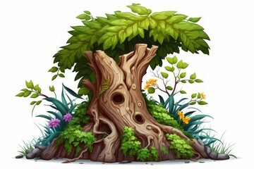 Isolated on a white background, an old jungle tree trunk with climbing vines, twisted liana plants, and green leaves creeper flowering plant is growing on a hill of green grass. A clipping path is als