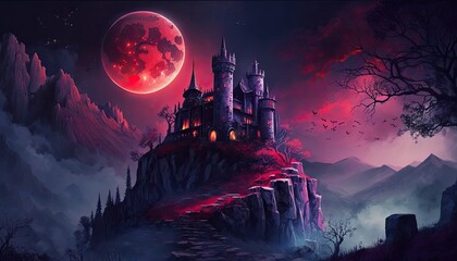 A vampire castle on a mountain at night. Generative AI