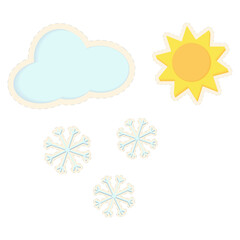 A set of 3D stickers in the form of a sun, clouds and snowflakes in trendy bright shades. Sticker