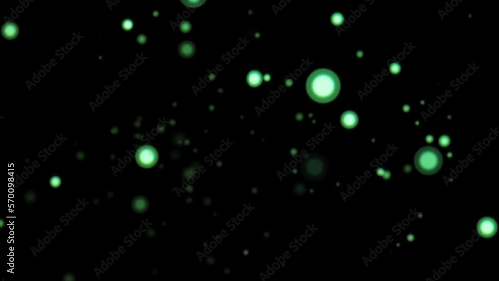 Poster loop glow green particles animation falling down on black abstract background.
