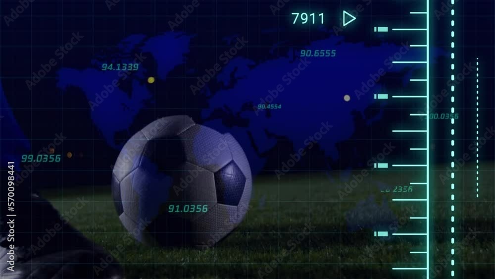 Poster animation of world map and data processing over caucasian man playing football