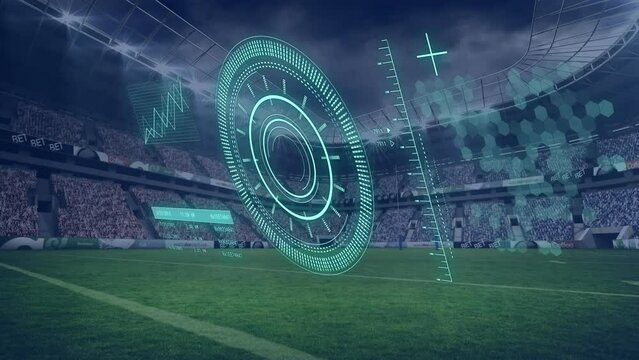 Animation of scope scanning and data processing over sports stadium