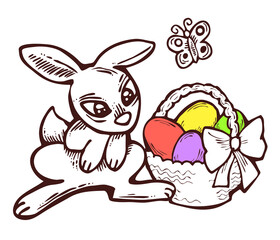 Easter bunny with basket, eggs, flowers and butterfly. Decorative design composition for poster print, greeting card, kids party invitation. Hand drawn illustration. Vintage cartoon style drawing.