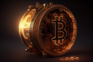Golden carved stone, shinny glowing bitcoin coin, illustration made with Generative AI
