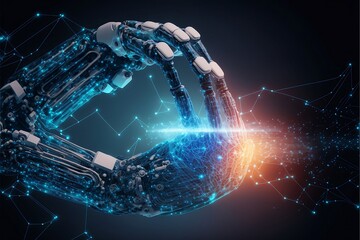 Roboter Hand für Daten, Netzwerk und Kommunikation mit Künstlicher Intelligenz. Cyper Daten, Computer für maschinelles Lernen und zukunftsprojekte. 