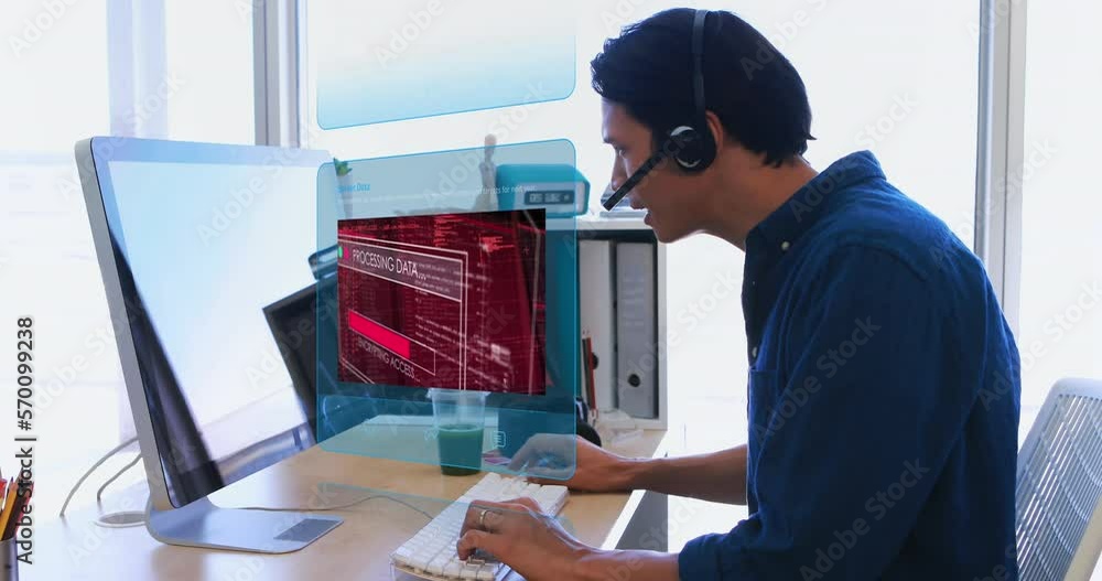 Poster animation of social media posts over biracial man using computer