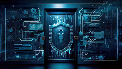 Cybersecurity - antivirus, antimalware, firewall to assist in stopping cyberattacks. Colorful digital design by artificial intelligence. Blue shield for safety and protection