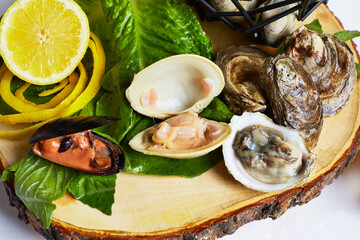 Plated fresh oysters with lemon. Gourmet food photography.