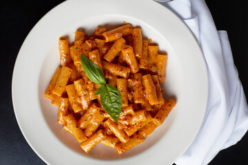 Italian pasta covered in sauce with a sprig of basil. White plate and napkin. 
