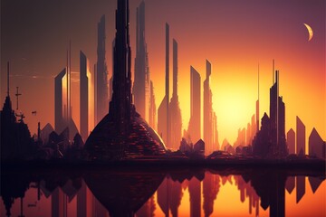 Serene Future: Majestic Sunset Over Modern Metropolis - Perfect for Backgrounds