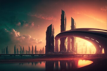 Serene Future: Majestic Sunset Over Modern Metropolis - Perfect for Backgrounds