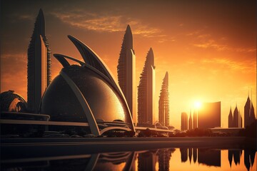 Serene Future: Majestic Sunset Over Modern Metropolis - Perfect for Backgrounds