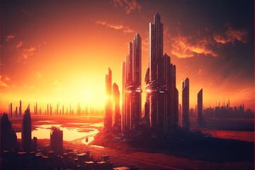 Serene Future: Majestic Sunset Over Modern Metropolis - Perfect for Backgrounds