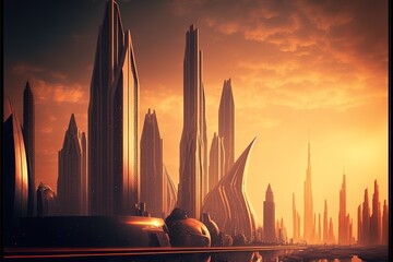 Serene Future: Majestic Sunset Over Modern Metropolis - Perfect for Backgrounds