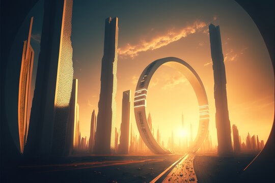 Serene Future: Majestic Sunset Over Modern Metropolis - Perfect for Backgrounds