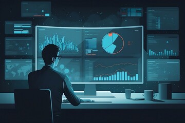 Business Daten Analyst mit Computer, anlasiert Geschäfts und Finanzdaten für Marketing und Verkauf. Management, Wirtschaft, Börse, Finanzen.
