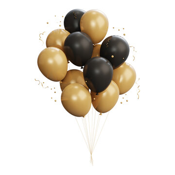 Fototapeta 3D black and golden balloons with bunch of confetti and ribbons