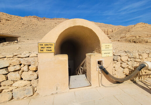 The exterior entrance to Tomb VK62, the Tomb of King Tut Ankh Amun in the Valley of the Kings, Luxor, Egypt.