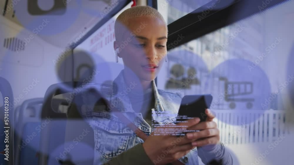 Poster animation of social media icons and data processing over biracial woman in bus using smartphone