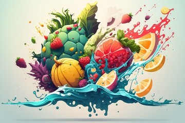 Tropical fruits splash heavily as they fall deeply underwater. Generative AI