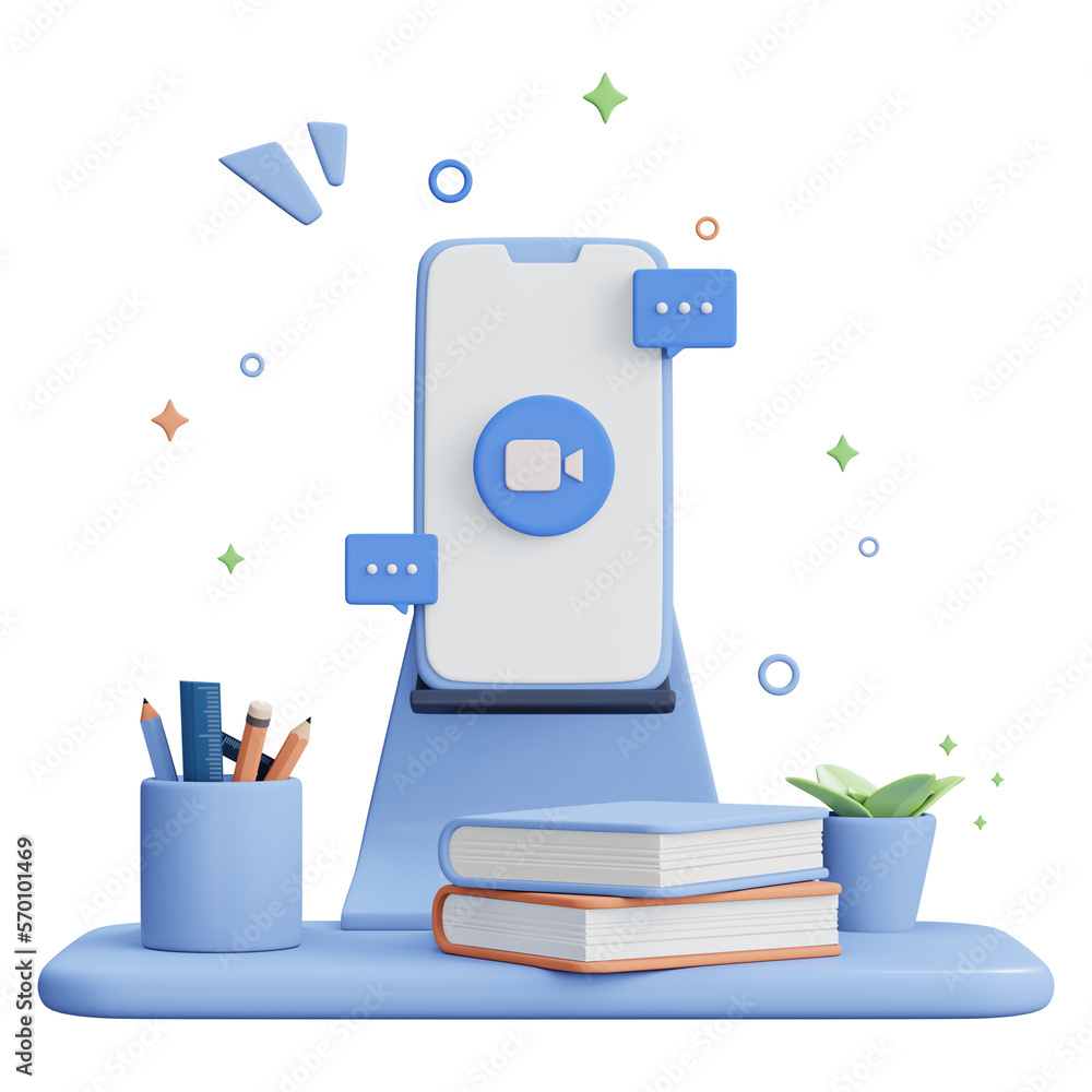Fototapete 3D Web Illustrations. Online concept. Computer with open pages. e-learning design, online courses application. Education and back to school. 3d Rendering.