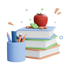 back to school concept with books, school items and apple