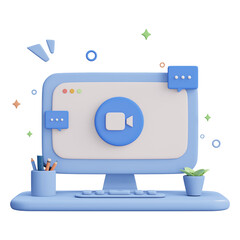 3D Web Illustrations. Online concept. Computer with open pages. e-learning design, online courses application. Education and back to school. 3d Rendering.