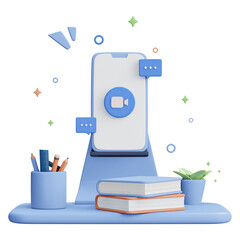 3D Web Illustrations. Online concept. Computer with open pages. e-learning design, online courses application. Education and back to school. 3d Rendering.