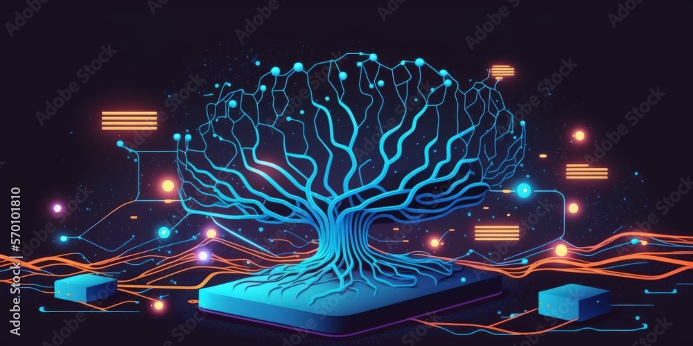Poster massive data flow online. blockchain fields for data. stream of network connection. illustration of 